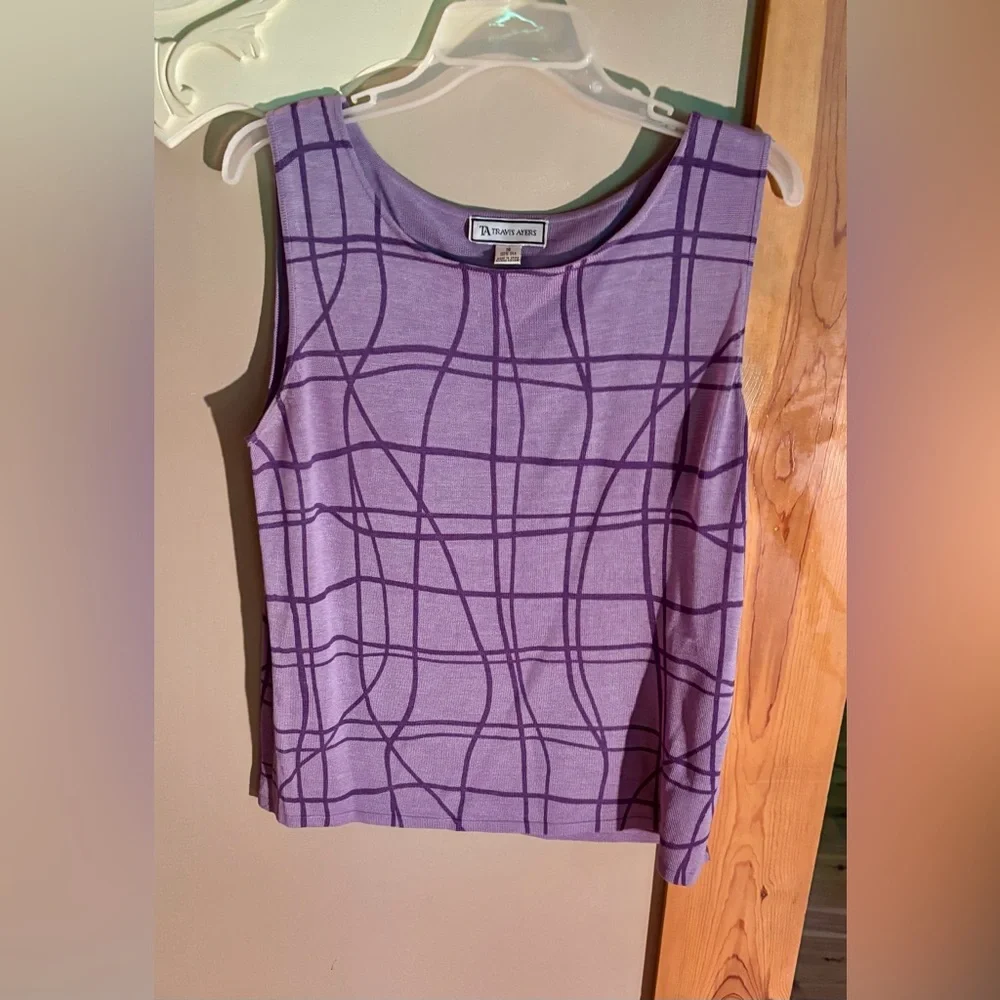💕Travis Ayers 100% Silk Sleeveless Knit Tank Purple Swirl Vintage Size 16💕